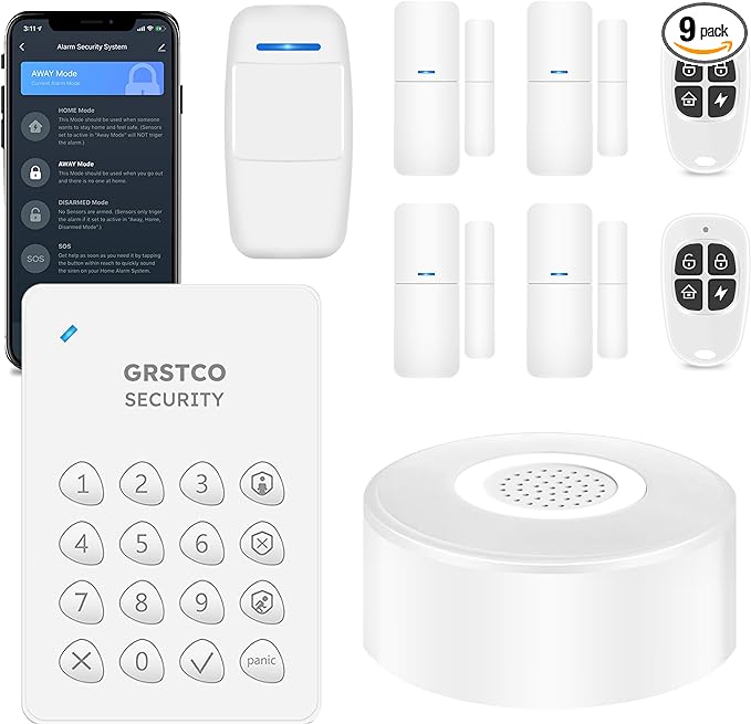 WiFi Alarm System, Smart Home Alarm System Wireless 9 Piece-kit, DIY Alarm by GRSICODirect