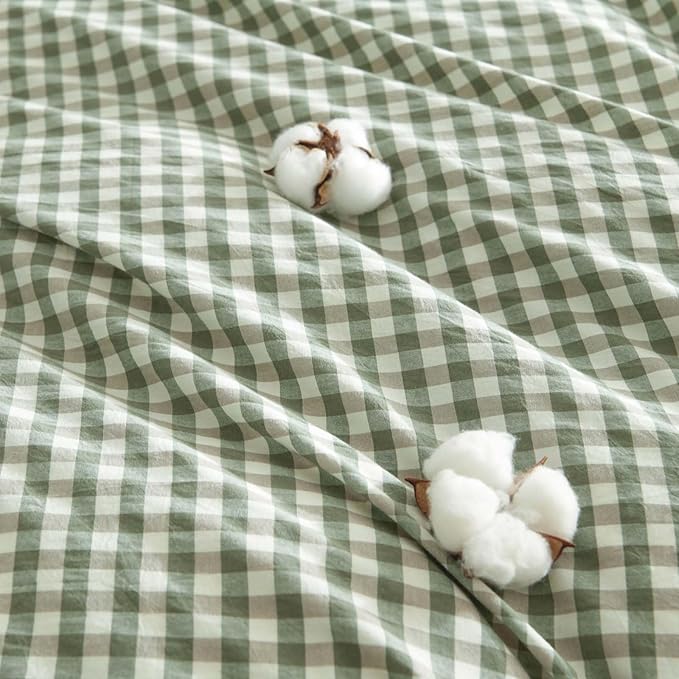 Nayoroom Gingham Duvet Cover Twin Size 100% Washed Cotton Green Plaid Checkered - Image 6