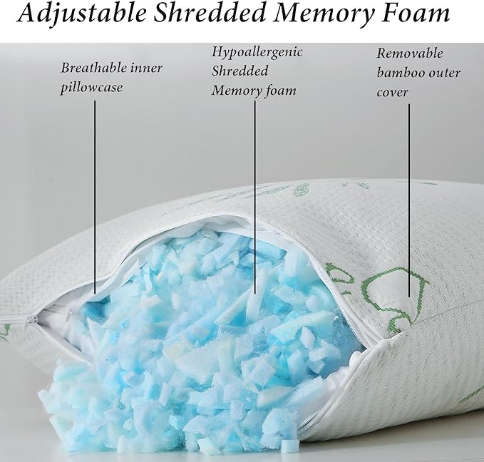 Memory Foam Pillows Queen Size set of 2, Shredded Memory Foam Bed Pillow - Image 2