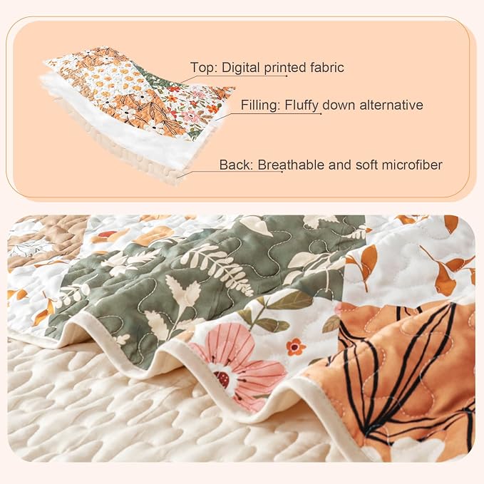 Whale Flotilla Patchwork Quilt Twin Size, Extra Soft Boho Floral Bedspreads - Image 6