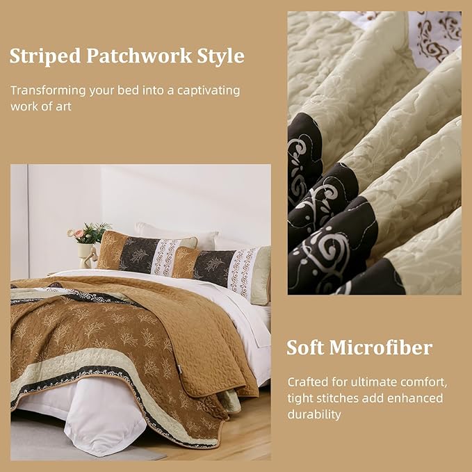 DJY Brown Quilt Set Queen Striped Bedspread Coverlet Set 3 Pieces Boho Branch - Image 7