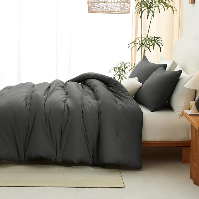 CozyLux Oversized Queen Comforter Set Dark Grey, 3 Pieces 98x98 Solid - Image 7