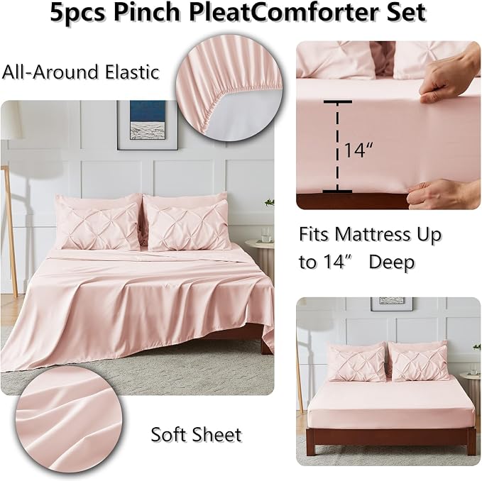 CozyLux Twin XL Comforter Set Peach Pink, 5 Pieces Twin Extra Long Pintuck Bed - Image 5