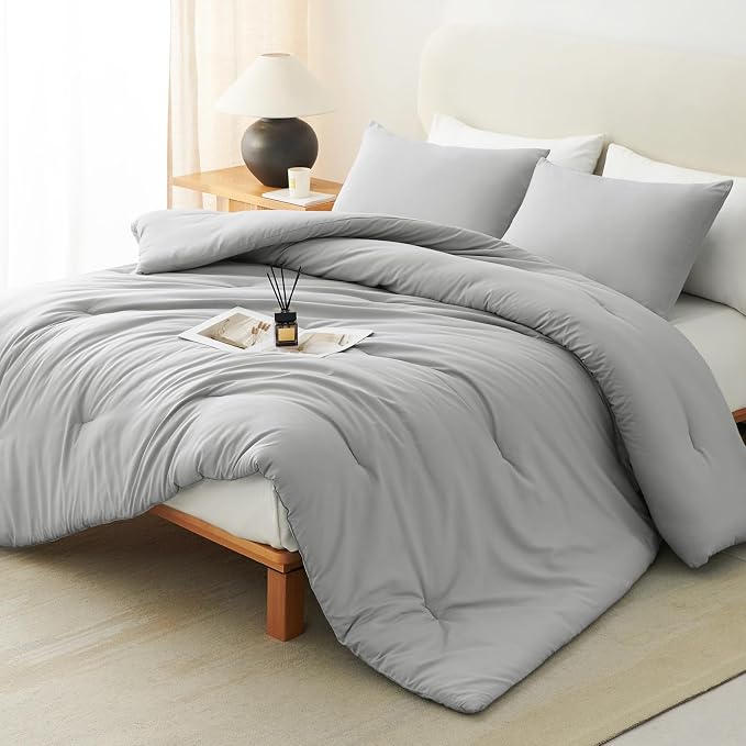 CozyLux Full Size Comforter Set Light Grey, 3 Pieces Solid Breathable Quilted by CozyLux
