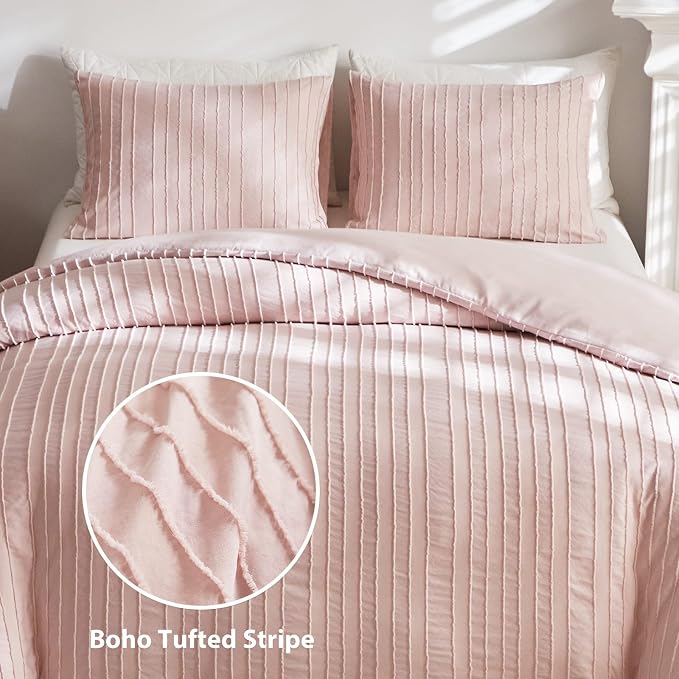 WARMDERN Pink Tufted Duvet Cover Set Queen Size, Striped Textured Duvet Cover - Image 2