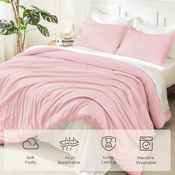Litanika Pink Comforter Set Full Size, 3 Pieces Girls Women Cute Soft Solid - Image 3