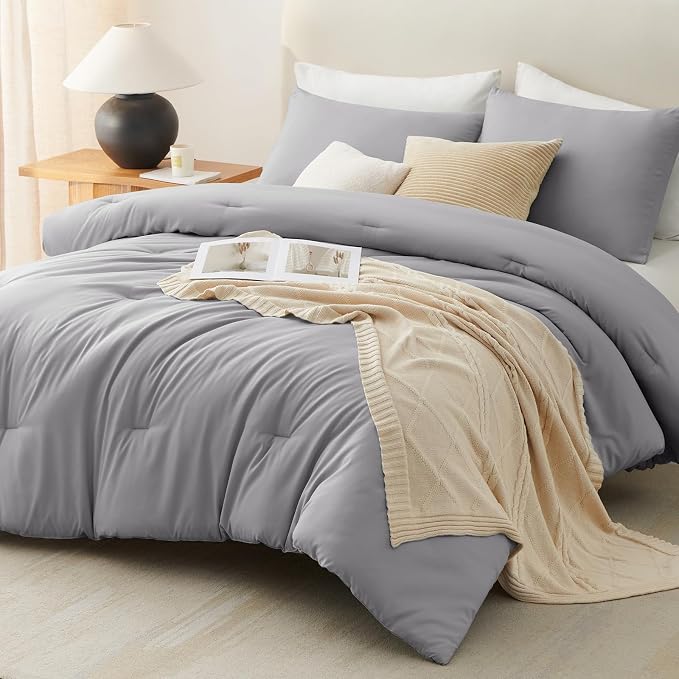 CozyLux Full Size Comforter Set Grey, 3 Pieces Solid Breathable Quilted Bedding - Image 9
