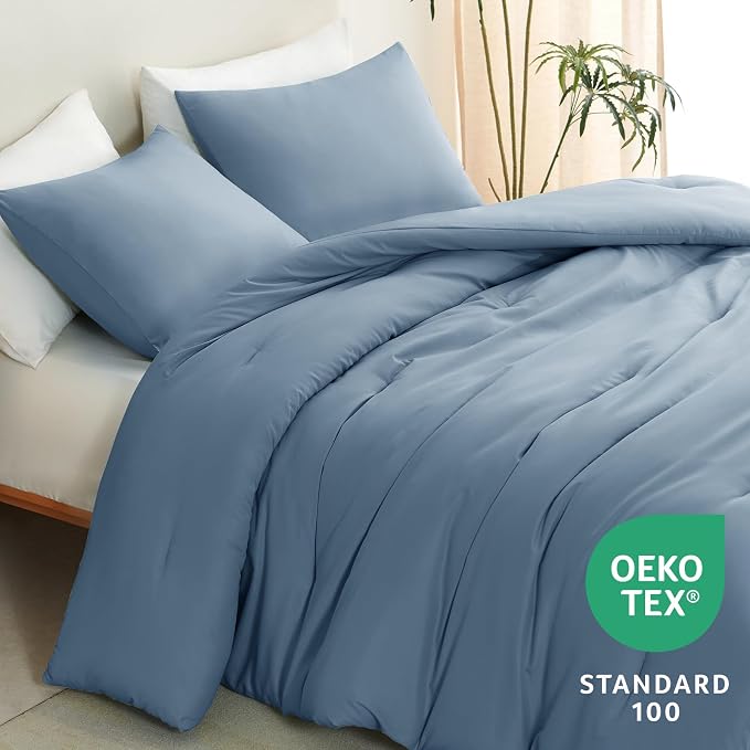 CozyLux Grayish Blue Full Size Comforter Set, 3 Pieces Dusty Blue Solid - Image 4