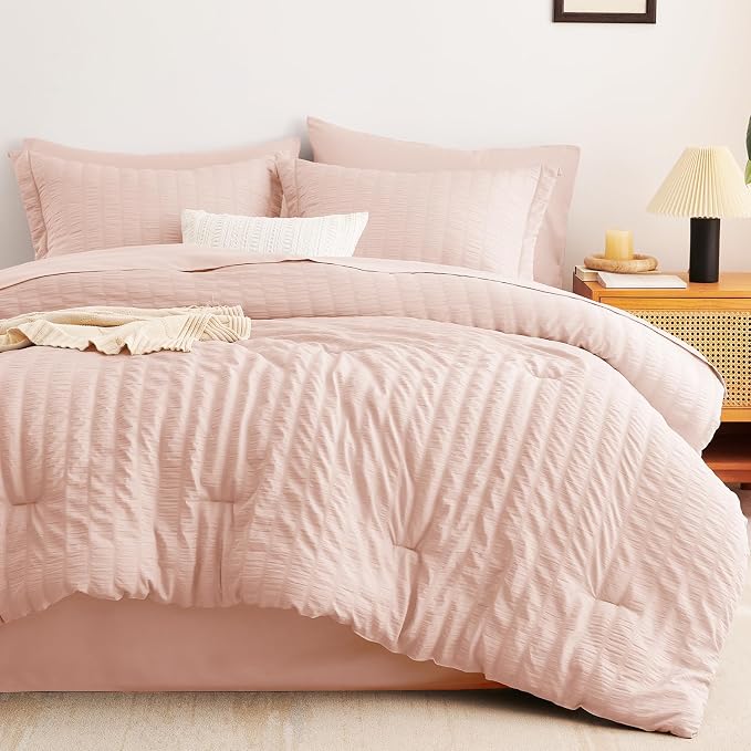 CozyLux Queen Comforter Set Blush Pink Seersucker 7 Pieces Bed in a Bag Queen - Image 9