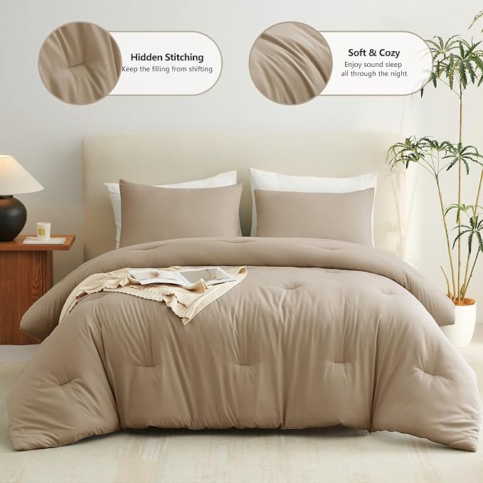 CozyLux Queen Comforter Set Taupe, 3 Pieces Solid Comforters Queen Size - Image 2