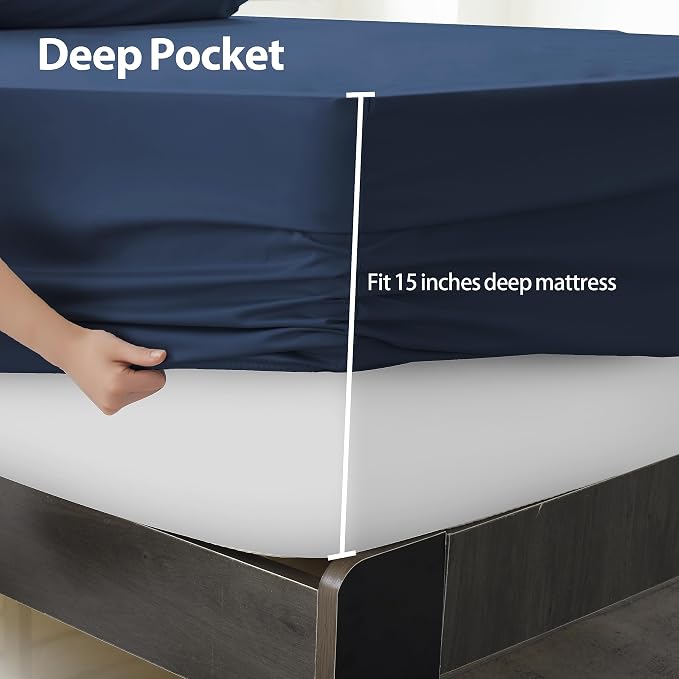 Twin XL Size Fitted Sheet Only Navy Blue, 100% Egyptian Cotton 600 Thread Count - Image 4