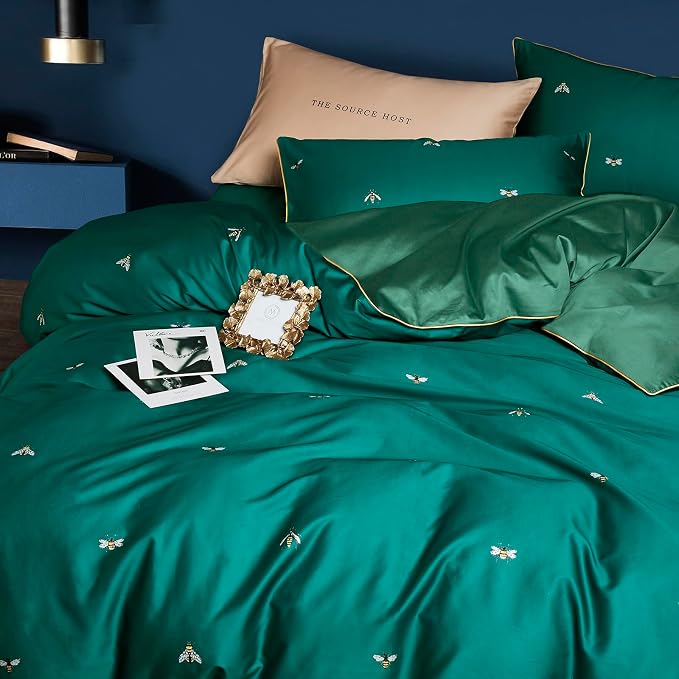 mixinni Dark Green Duvet Cover King Size, 100% Long Staple Cotton Honeybee - Image 2