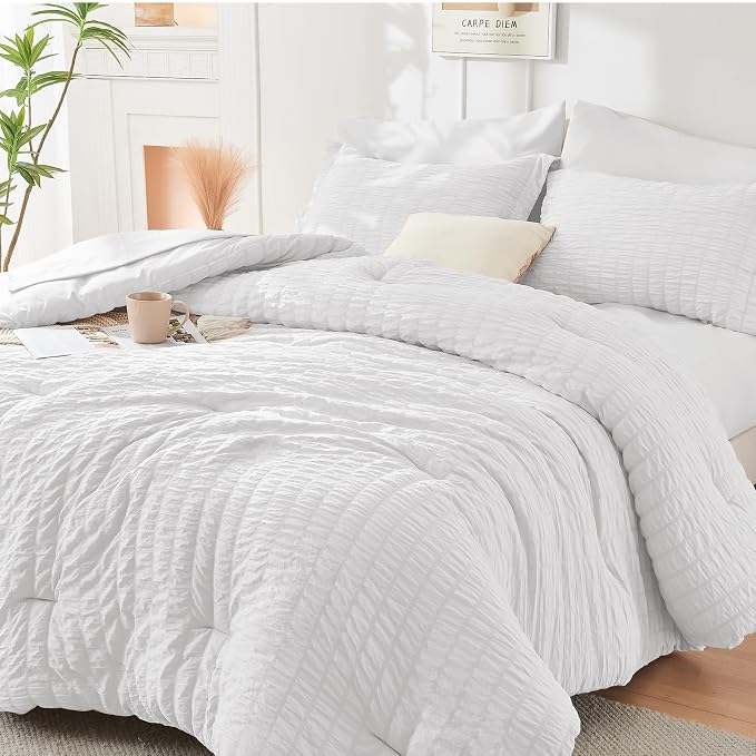 HYMOKEGE White California King Comforter Set Seersucker 7 Pieces, All Season by HYMOKEGE