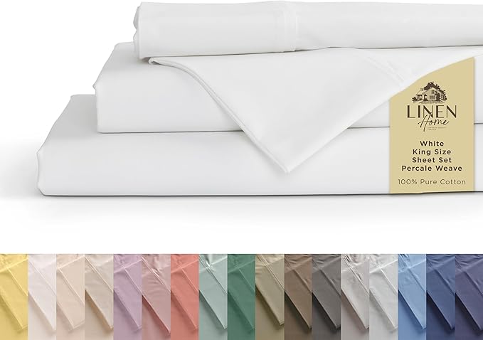 Linen Home 100% Cotton Percale Sheets King Size, Deep Pocket, 4 Pieces Set by LINENHOME