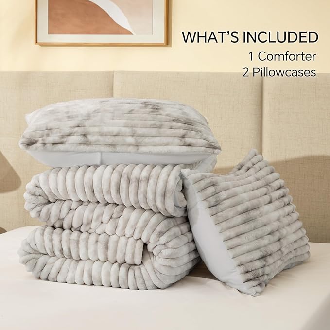 BEDELITE Fleece Twin Comforter Set -Super Soft & Warm Fluffy Grey&White Bedding - Image 6
