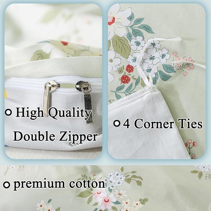 FADFAY Floral Duvet Cover Set Queen 100% Cotton Sage Green Comforter Set - Image 4