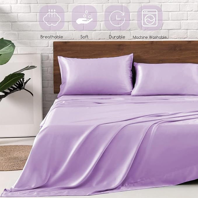MR&HM Satin Bed Sheets with Elastic Corner Straps, Full Size Sheets Set - Image 5