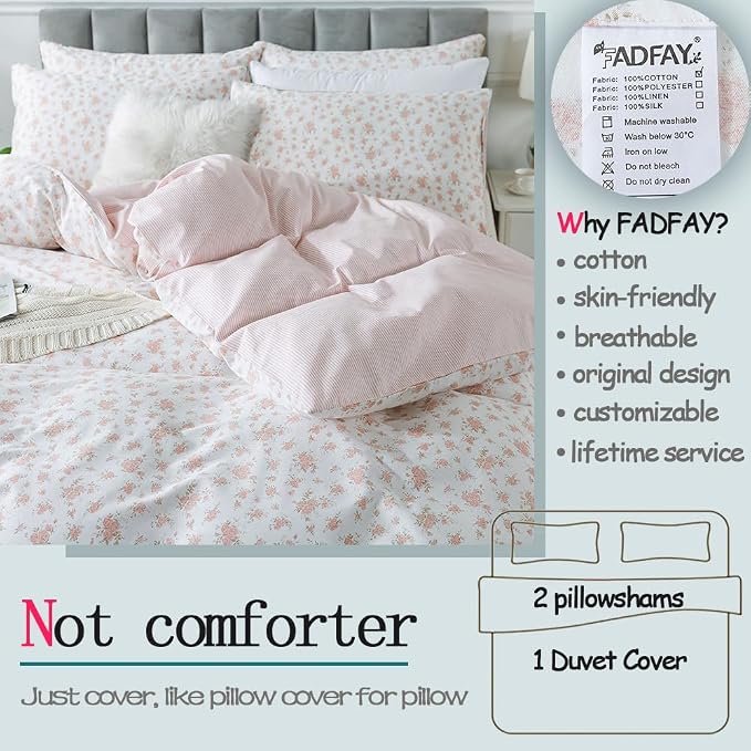 FADFAY Floral Duvet Cover Set Twin XL 100% Cotton College Bedding Pink Flower - Image 2
