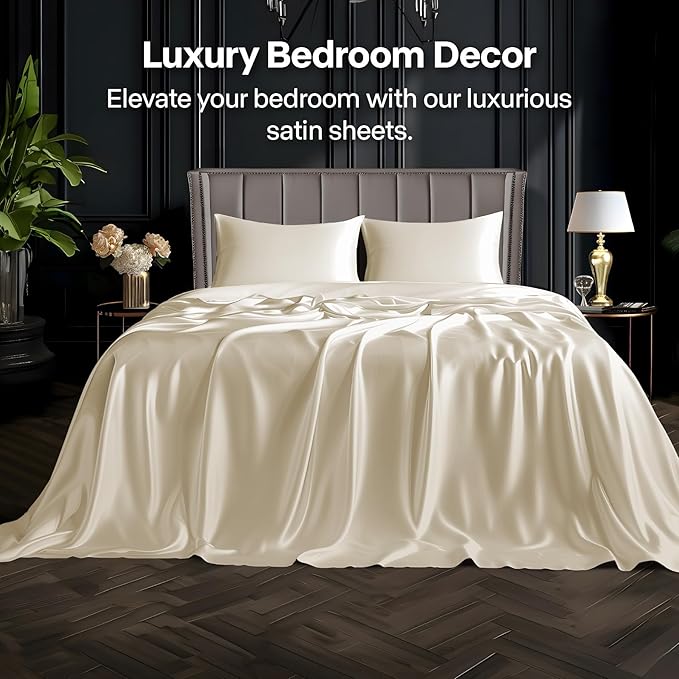 BEDELITE Satin Sheets Twin XL Size Bed Set, Luxury Soft Beige Silky Sheets - Image 2