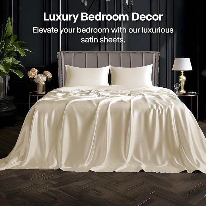 BEDELITE Satin Sheets Full Size Bed Set, Luxury Soft Beige Silky Sheet - Image 2