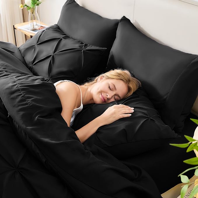 HIMEET Pintuck Bed in a Bag, 5 Pieces Twin Comforter Set Black, Pinch Pleat Bed - Image 7