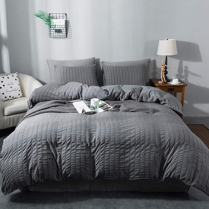 AveLom Seersucker Duvet Cover Set Full Size, 3 Pieces, Dark Gray Ultra Soft by AveLom