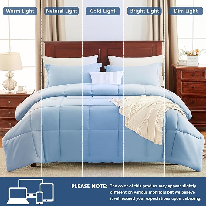 CozyLux Oversized Queen Comforter Set, 3 Pieces Baby Blue 98x98 Box Stitched - Image 5
