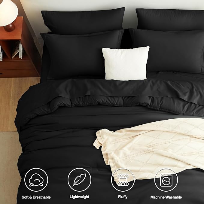 CozyLux Queen Comforter Set Black, 7 Pieces Bed in a Bag Soft Bedding Comforter - Image 2