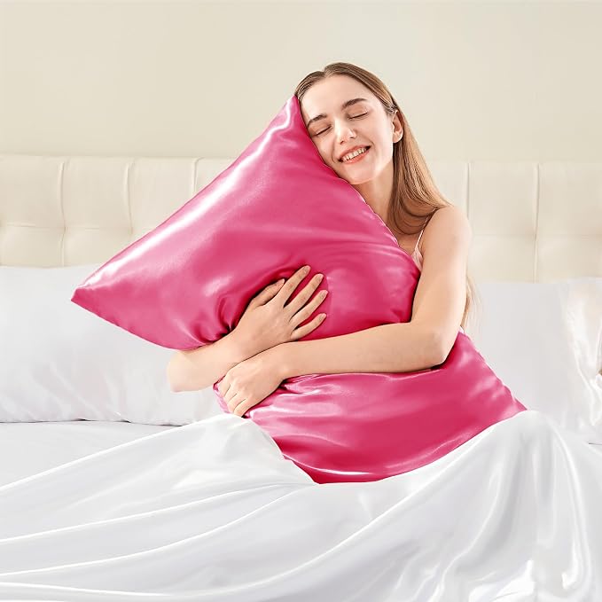 BEDELITE Satin Pillowcase with Zipper 2 Pack, Hot Pink Pillow Cases Standard - Image 2