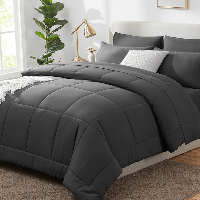 CozyLux California King Comforter Sets Dark Grey, 7 Pieces Cal King Bed in a Bag by CozyLux