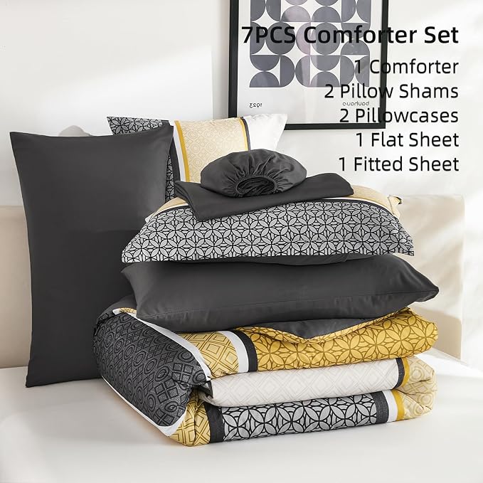 WONGS BEDDING Yellow Grey King Comforter Set 7 Pieces, Boho Striped Bed in a - Image 6