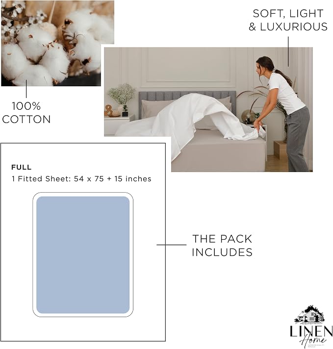 Linen Home 100% Cotton Percale Weave Fitted Sheet Full Size Only, Baby Blue - Image 6