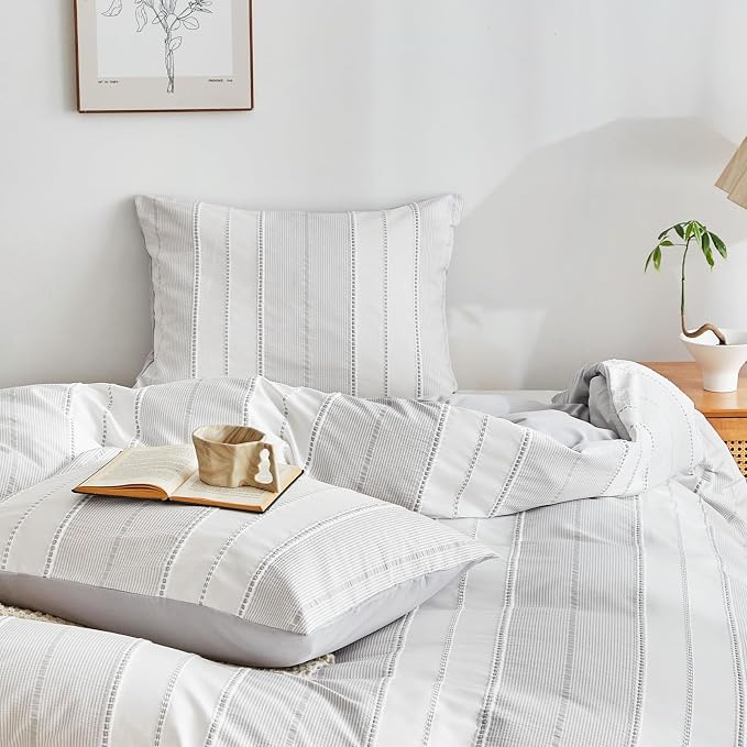 WARMDERN Light Grey Striped Weave Duvet Cover Queen Size, Microfiber Textured - Image 7