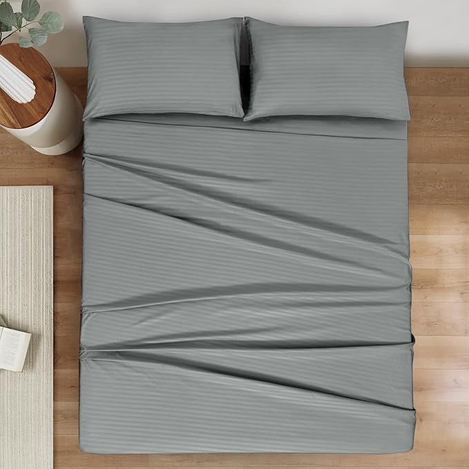 Mejoroom Striped Grey-01 1800 Thread Count Queen Sheet Set - Image 2