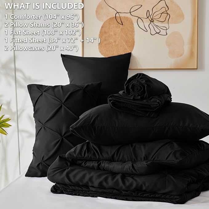 HIMEET Pintuck Bed in a Bag, 7 Pieces California King Comforter Set Black - Image 7