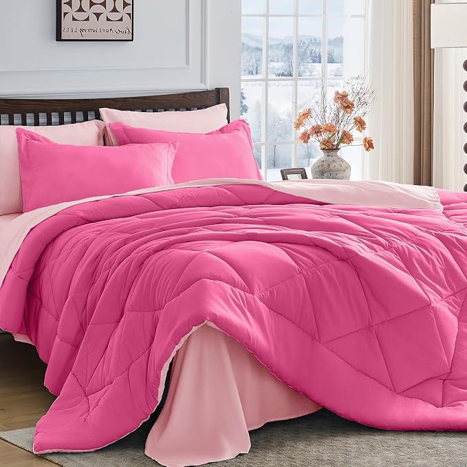 HEVUMYI Hot Pink & Baby Pink Queen Comforter Set by HEVUMYI