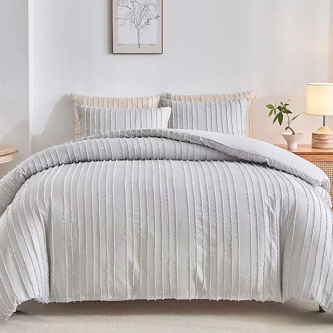 WARMDERN Light Grey Tufted Duvet Cover Set Queen Size, Striped Textured Duvet by WARMDERN