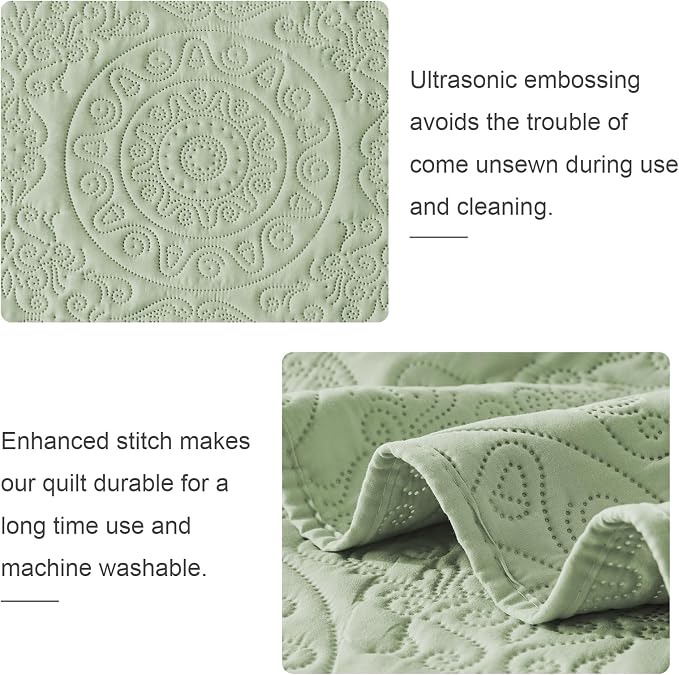 WURUIBO Sage Green Quilt Set Twin Size, Embossing Microfiber Bedspreads - Image 4
