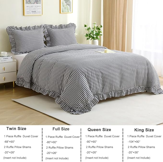 Silnuo Black/White Checkered Ruffle 3-Piece Duvet Cover Set King Size, Washed - Image 4