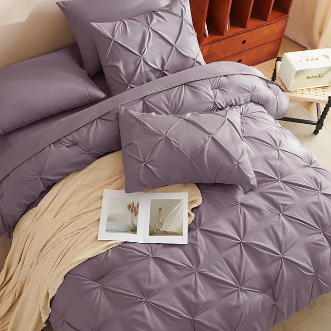 HIMEET Pintuck Bed in a Bag, 7 Pieces Queen Size Comforter Set Dusty Purple - Image 4