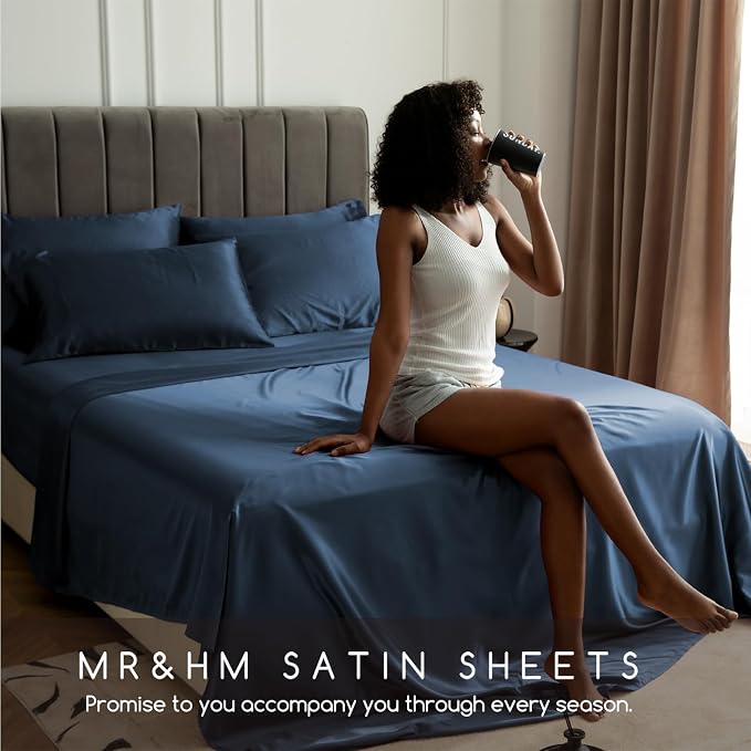 MR&HM Satin Bed Sheets with Elastic Corner Straps, Queen Size Sheets Set - Image 5