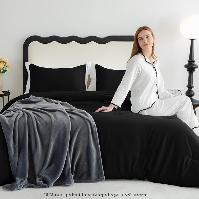 CozyLux Comforter Full Size Set Black, 3 Pieces Solid Lightweight Soft Bed Set - Image 9