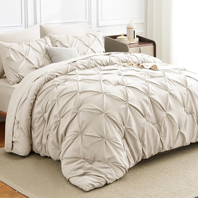 HIMEET Pintuck Bed in a Bag, 7 Pieces California King Comforter Set Beige by Unknown