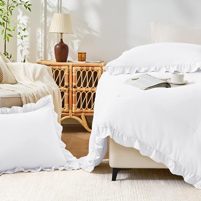 FUANNA King Size Comforter Set White, 3 Pieces Ruffle King Bedding Set - Image 8