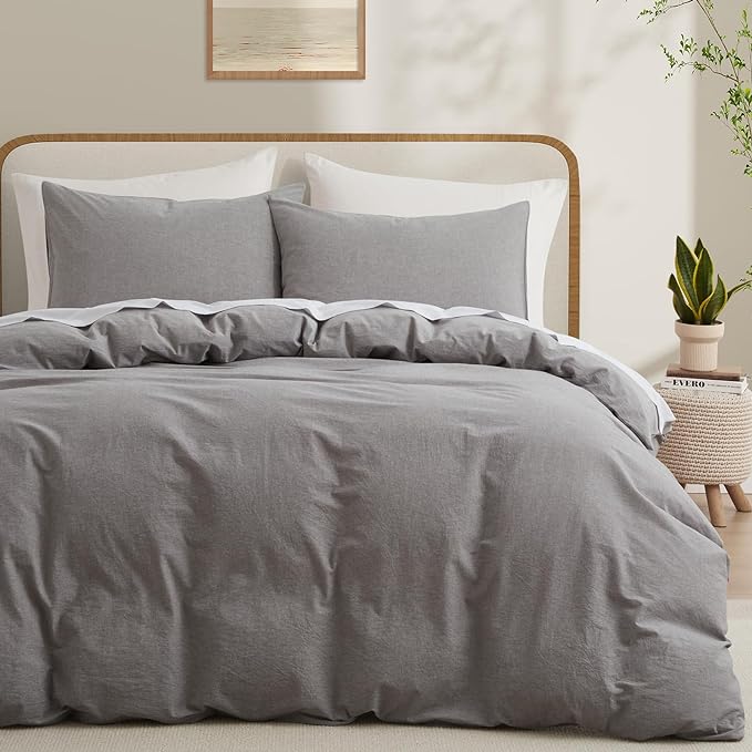 LOVQUE Light Grey Duvet Cover Full Size, 100% Washed Cotton Linen Like Bedding by LOVQUE