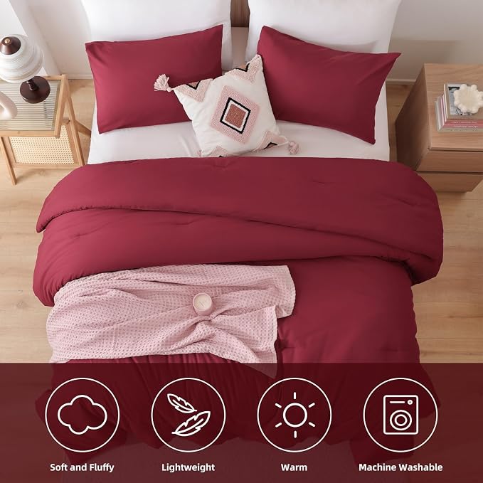 ROSGONIA King Size Comforter Set Dark Red - Image 5