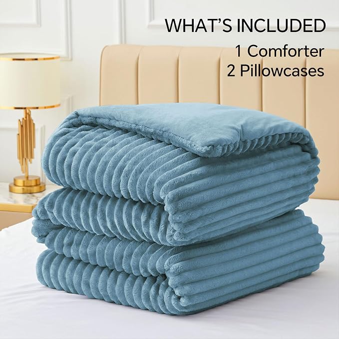 BEDELITE Fleece King Comforter Set -Super Soft & Warm Fluffy Blue Fog Bedding - Image 6