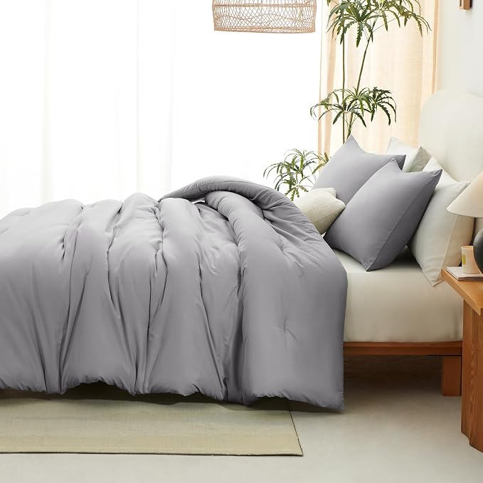 CozyLux Full Size Comforter Set Grey, 3 Pieces Solid Breathable Quilted Bedding - Image 7