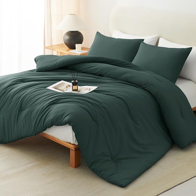 CozyLux King Size Comforter Set Forest Green, 3 Pieces Solid Comforters King by CozyLux