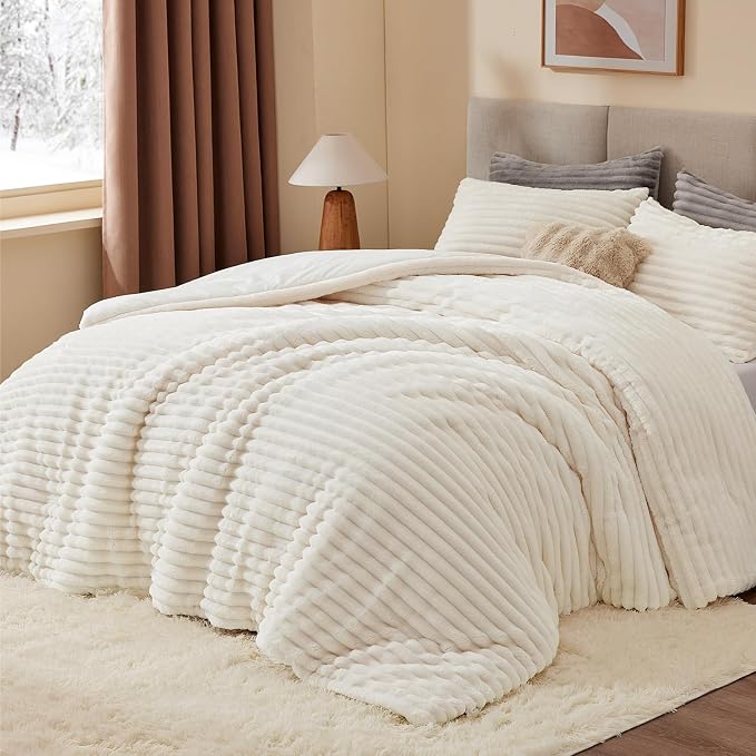 BEDELITE Fleece Twin Comforter Set -Super Soft & Warm Fluffy Cream White Bedding - Image 2